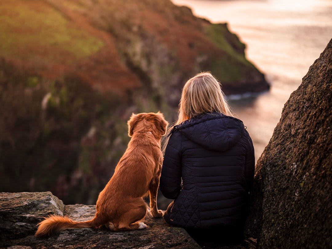 woman-in-black-jacket-sitting-beside-brown-dog-on-rock-near-body-of-water-during-daytime-srgeljlfly0